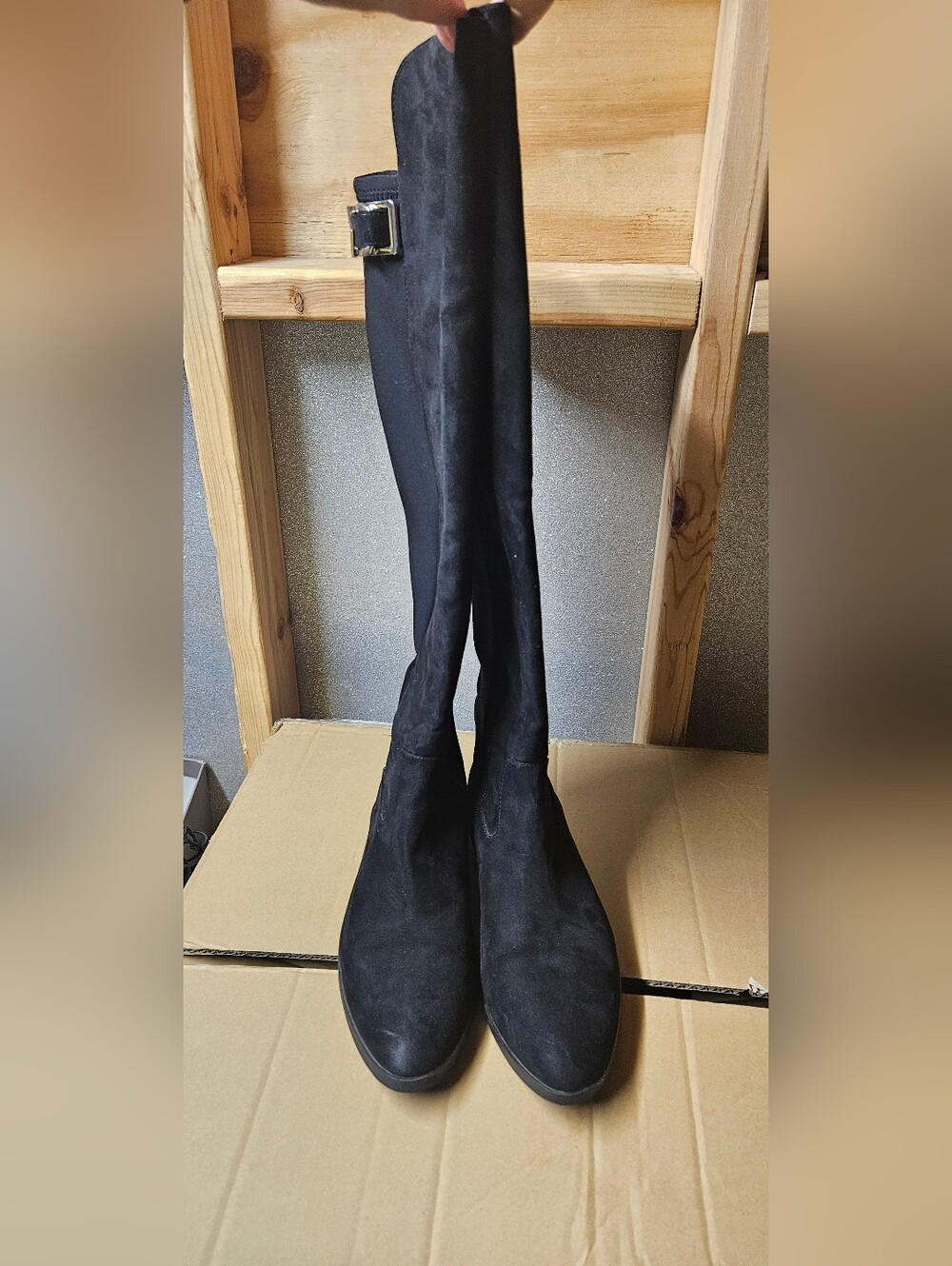 Over-the-Knee Black Suede Boots with Buckle Accent
